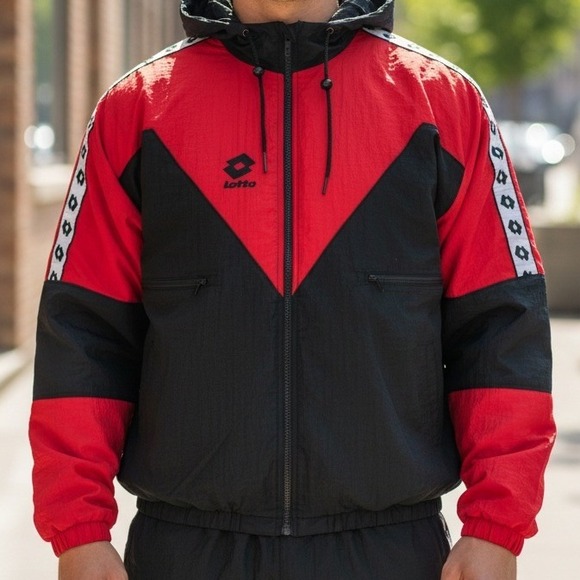 Vintage Lotto Windbreaker Jacket Red Black Hooded 90s Sportswear Logo Tape Zip